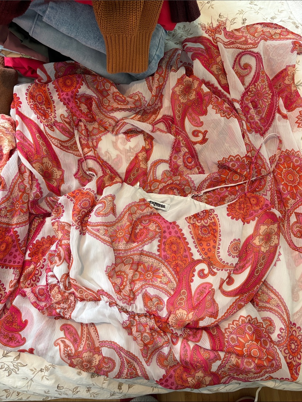 Express White Blouse with Pink and Orange Paisley Print Dress Maxi